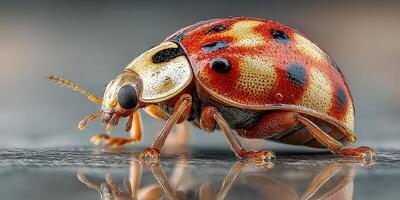 Colorful ladybug walking on a surface, showcasing intricate patterns and details in natural light photo