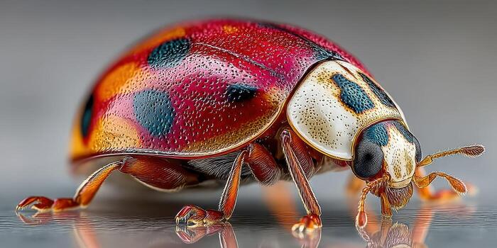 Colorful ladybug explores a reflective surface in a close-up view during daytime photo