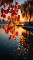 Vibrant autumn leaves reflecting on calm water at sunset in a serene park photo