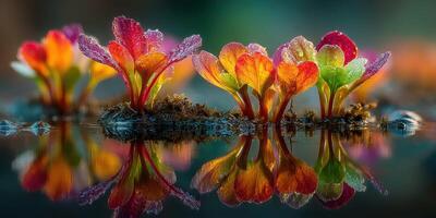 Colorful aquatic plants reflecting on still water during early morning light photo