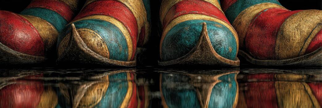 Brightly colored clown shoes reflected on a wet surface in a whimsical setting during a festive event photo