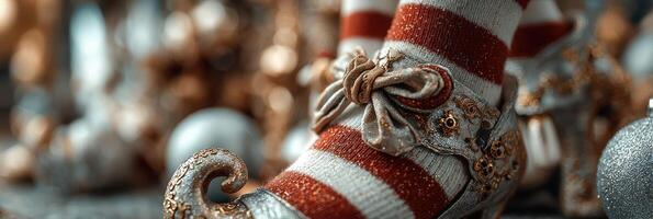 Festive striped elf shoes surrounded by holiday decorations in a cozy indoor setting photo