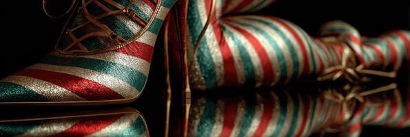 Colorful striped high-heeled shoes shining on a reflective surface for a unique fashion statement photo