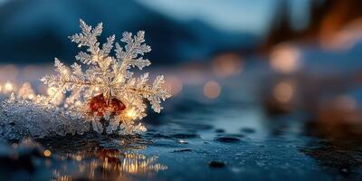 Beautiful snowflake resting on a reflective surface during twilight with twinkling lights in the background photo