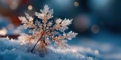 Intricate snowflake sparkling in sunlight on a frosty winter day in a quiet outdoor setting photo