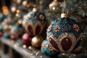 Decorative ornaments hang on a Christmas tree adorned with sparkling lights and winter charm during the holiday season photo