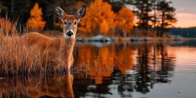 Graceful deer stands by serene lake reflecting autumn colors at sunset in a tranquil forest setting photo