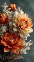 Beautiful arrangement of orange and cream flowers with delicate white accents in a muted background photo