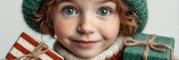 Young child with vibrant eyes and festive decorations holding colorful gifts during the holiday season photo
