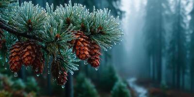 Frost-covered pine cones hang from branches in a misty forest during early morning light photo
