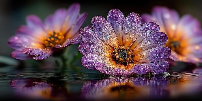 Blooming flowers with dew drops on a serene surface during early morning light in a natural setting photo
