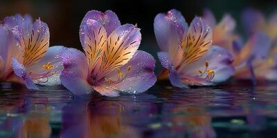 Beautiful purple flowers floating on a serene surface with water droplets in a natural setting during soft light photo