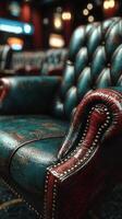 Vintage leather armchair in a cozy lounge setting with warm lighting and rich textures photo