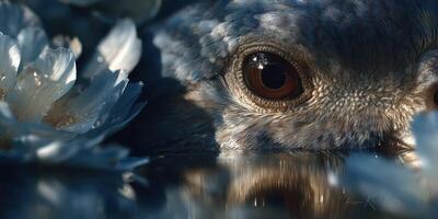Bird eye peering through blossoms at dawn with soft reflections in serene surroundings photo