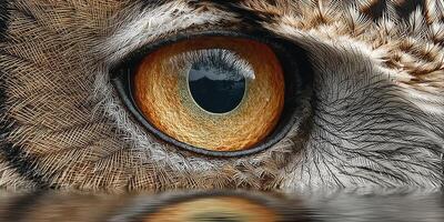 Close-up of a majestic owl's eye reflecting its natural surroundings in sharp detail during the day photo