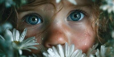 Child peering through white daisies on a sunny day in a garden with vibrant colors and soft textures photo