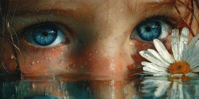 Close-up of a girl with striking blue eyes peering through water, adorned with soft flower petals at sunset near a tranquil lake photo