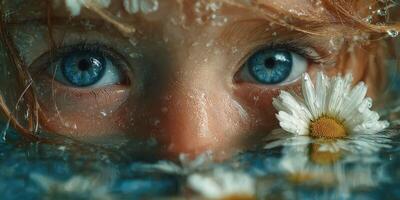 Glimpse of a child's blue eyes among daisies in a serene water setting, capturing innocence and nature's beauty photo