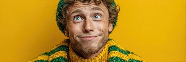 Smiling young man in colorful sweater against vibrant yellow background captures joyful expression and playful mood photo