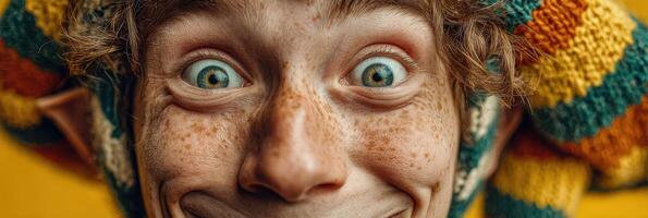 Joyful expression of a young person with vibrant green eyes and freckles wearing a colorful knitted hat photo