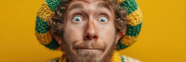 Rasta man in colorful beanie making a funny face against a vibrant yellow background photo