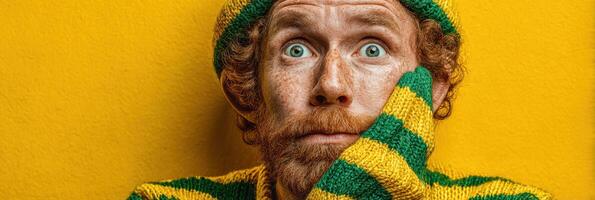 Man with curly red hair and green eyes wears striped sweater against vibrant yellow background expressing surprise or curiosity photo