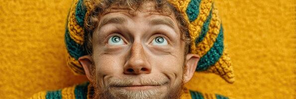 Portrait of a person with unique costume and bright background in playful mood at a creative event photo