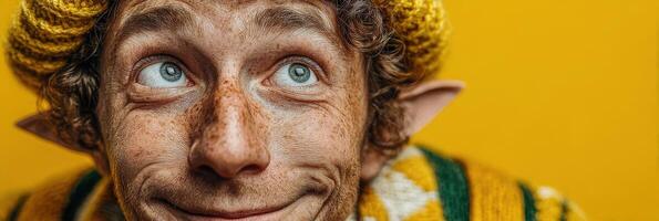 Joyful whimsical elf character in vibrant costume with playful expression against bright yellow background photo