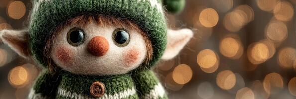 Charming handcrafted elf doll wearing a knitted outfit with festive lights in the background photo