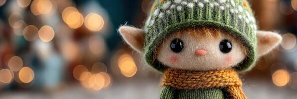 Playful elf doll decorated for the holiday season with sparkling lights in the background photo