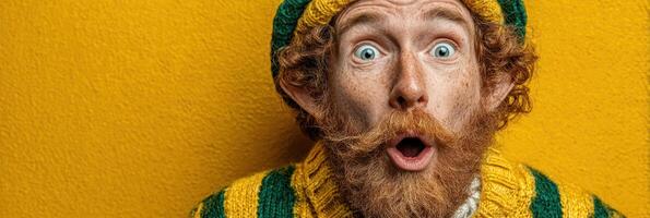 Excited man with curly red hair in colorful sweater against bright yellow background photo