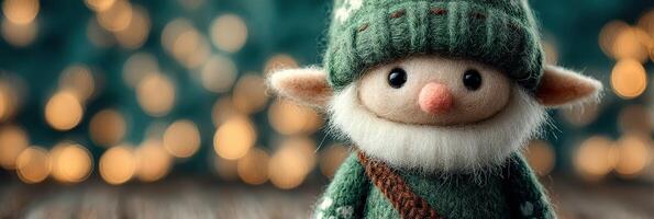 Cute felt elf doll surrounded by soft bokeh lights in a cozy setting during the holiday season photo