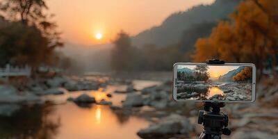 Capturing a serene sunset on a riverbank with a smartphone camera during golden hour photo