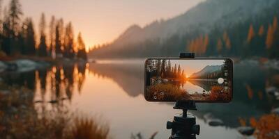 Capturing sunset reflections at a tranquil lake surrounded by mountains in autumn photo