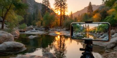 Capturing the beauty of a sunset over a serene river in a forested mountain landscape photo