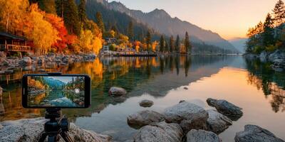 Stunning autumn reflection over a tranquil lake in the mountains at sunset photo