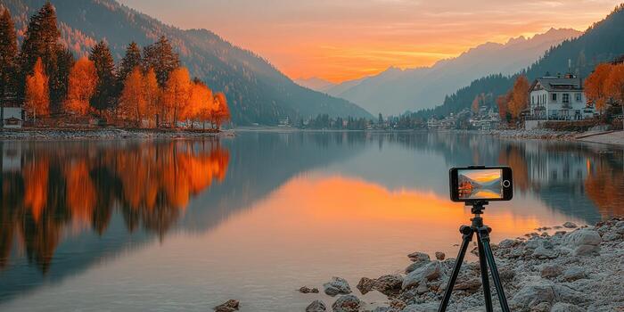 Majestic autumn sunset over a serene lake with a smartphone capturing the view photo
