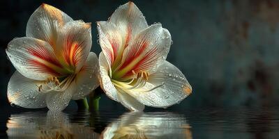 Beautiful white flowers with red accents and droplets reflecting in water photo