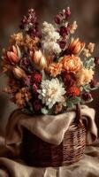 Beautiful arrangement of dried flowers in a rustic basket on a textured background showcasing natural tones and delicate details photo