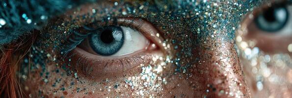 Bright blue eyes with sparkling glitter and creative makeup reveal a vibrant artistic expression during a festive celebration photo
