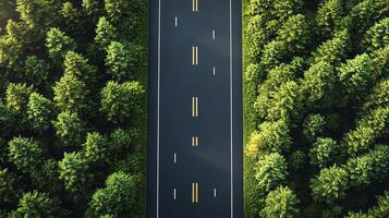 An aerial view of a road through a forest photo