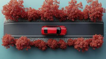 A red car driving on a road surrounded by trees photo