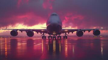A large airplane sitting on a runway at sunset photo