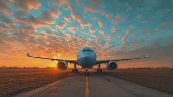 An airplane sitting on the runway at sunset photo