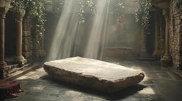 A stone slab with a bed in the middle photo