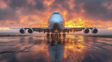 A large airplane on the runway at sunset photo