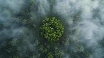 A clock is seen in the middle of a forest photo