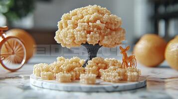 A small tree with a bicycle and oranges on it photo