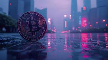 Bitcoin in the rain with city lights in the background photo
