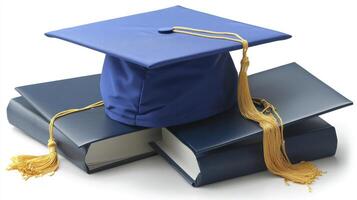 A graduation cap and books on a white background photo